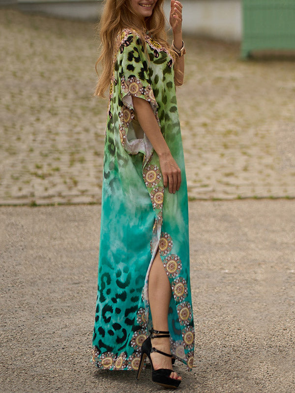 Batwing Sleeves Loose Leopard Printed Split-Side V-Neck Beach Cover-Up Maxi Dresses