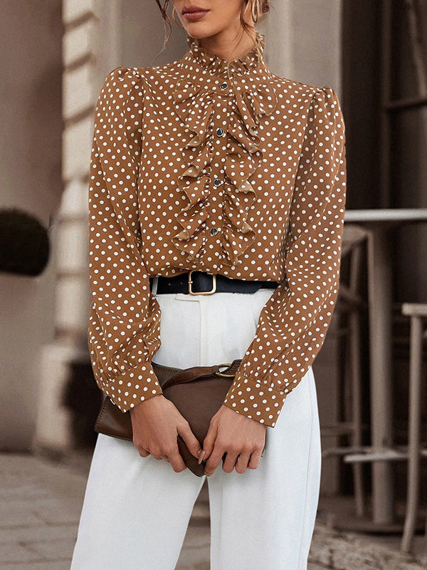 Loose Puff Sleeves Floral Pleated Polka-Dot Split-Joint Stand Collar Blouses