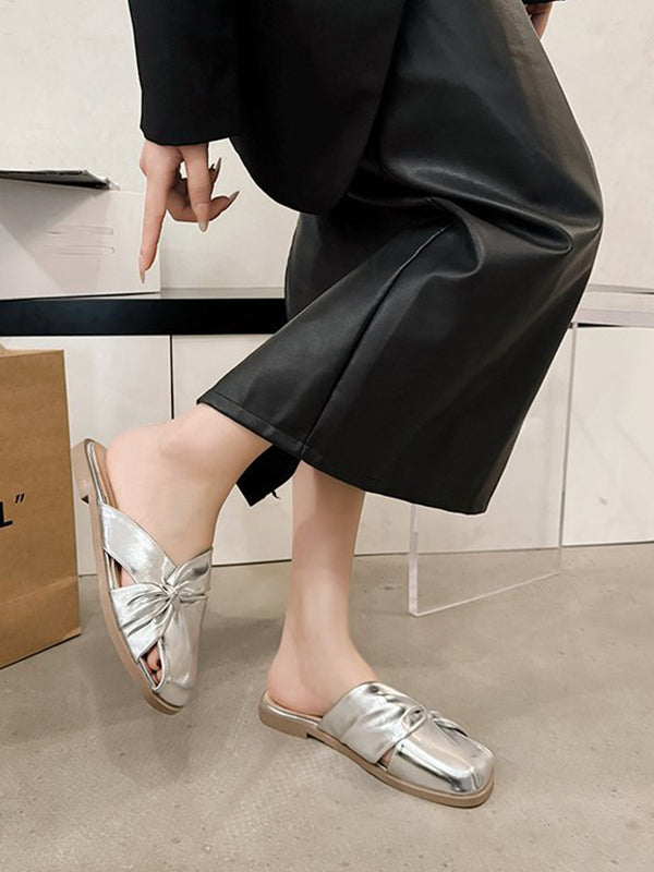 Hollow Pleated Shiny Split-Joint Square-Toe Slippers&Mules