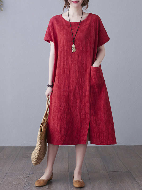 Original Solid Jacquard Short Sleeve Midi Dress