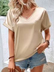 Loose Short Sleeves Pockets Solid Color V-Neck T-Shirts Tops