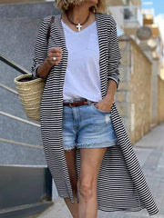 Long Sleeves Loose Contrast Color Striped Collarless Cardigan Coats