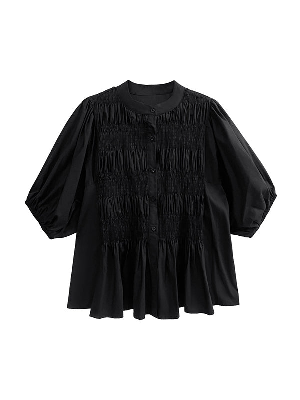 Loose Puff Sleeves Pleated Solid Color Round-Neck Blouses&Shirts Tops