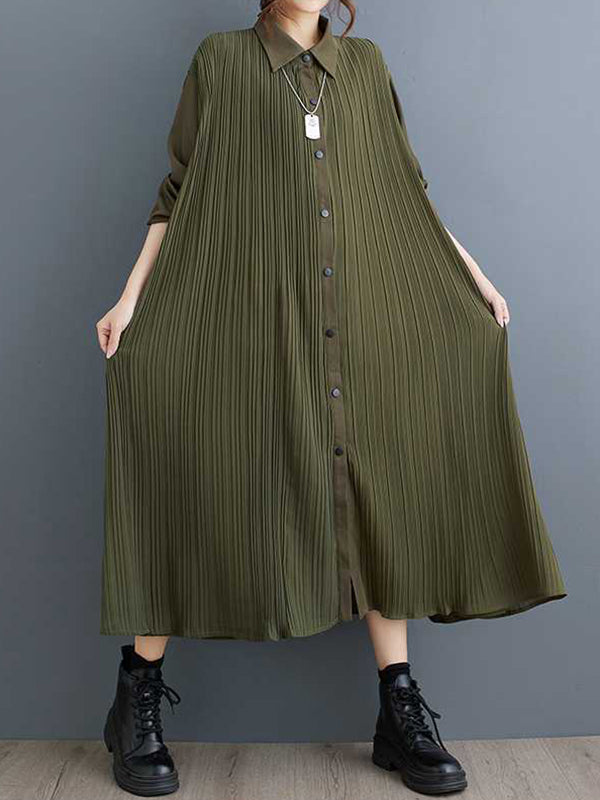 A-Line Long Sleeves Buttoned Pleated Pockets Split-Joint Lapel Midi Dresses Shirt Dress