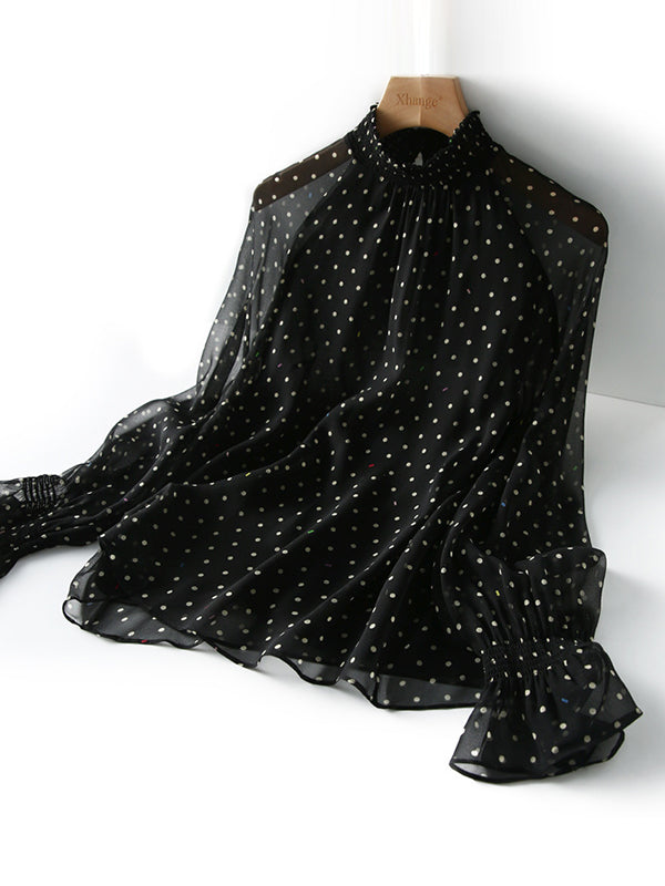 Flared Sleeves Long Sleeves Elasticity Mesh Polka-Dot See-Through Mock Neck Blouses&Shirts Tops