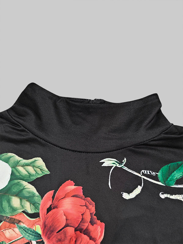 Long Sleeves Skinny Floral Printed Split-Joint High Neck T-shirts