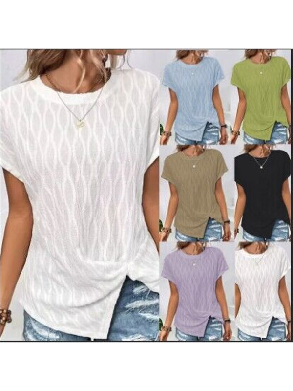 Batwing Sleeves Loose Jacquard Solid Color Split-Front Round-Neck T-Shirts Tops