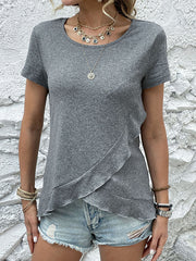 Loose Short Sleeves Asymmetric Ruffled Solid Color Split-Joint Round-Neck T-Shirts Tops