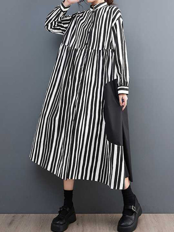 Long Sleeves Loose Buttoned Split-Joint Striped Mock Neck Midi Dresses