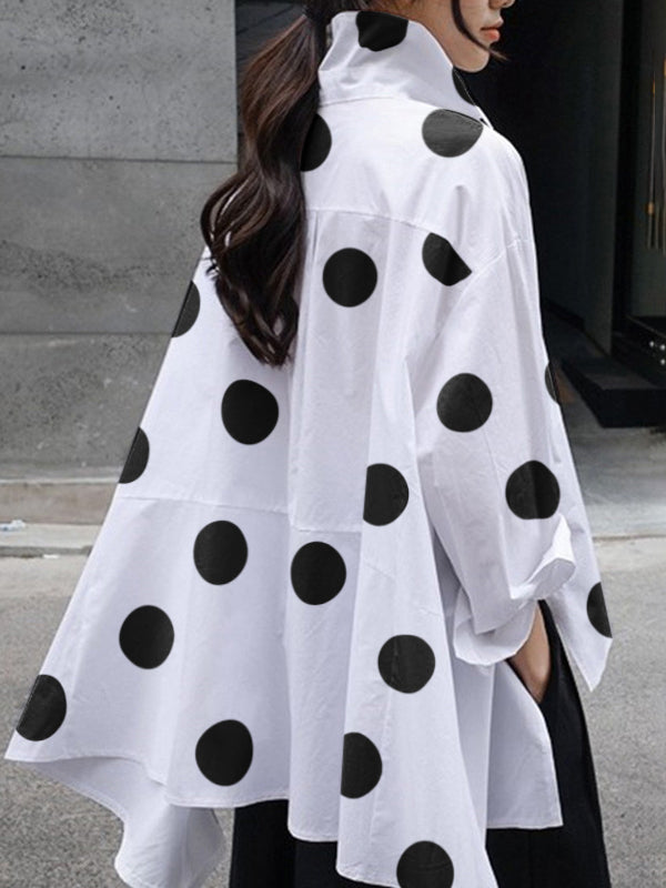 Casual High-Low Polka-Dot Split-Side Lapel Long Sleeves Blouse