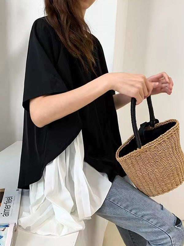 High-Low Loose Pleated Split-Joint Round-Neck T-Shirts Tops