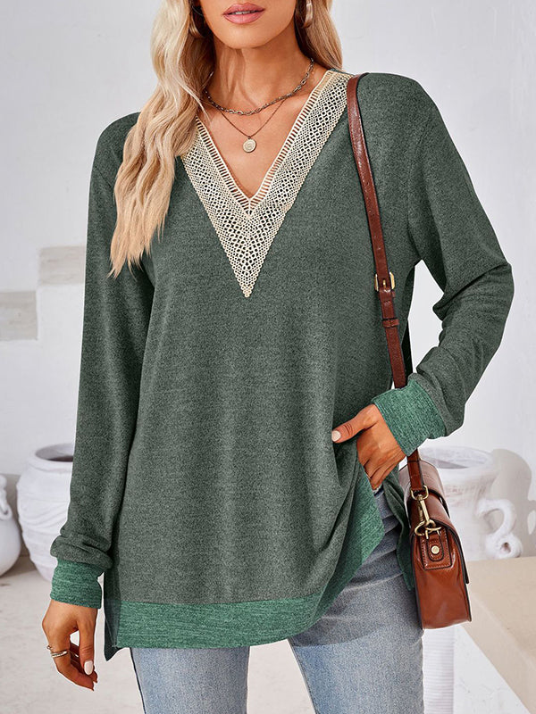 Long Sleeves Loose Hollow Split-Joint Split-Side V-Neck T-Shirts Tops