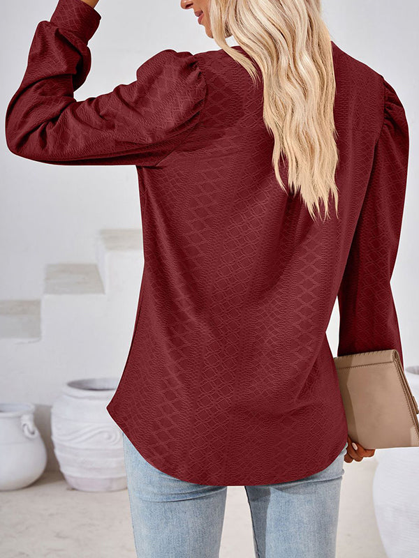 Long Sleeves Loose Jacquard Solid Color V-neck T-Shirts Tops