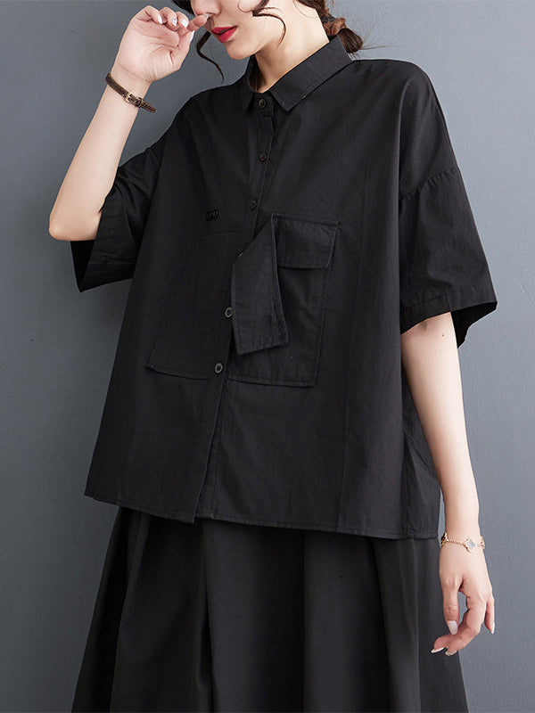 Loose Short Sleeves Solid Color Split-Joint Blouses