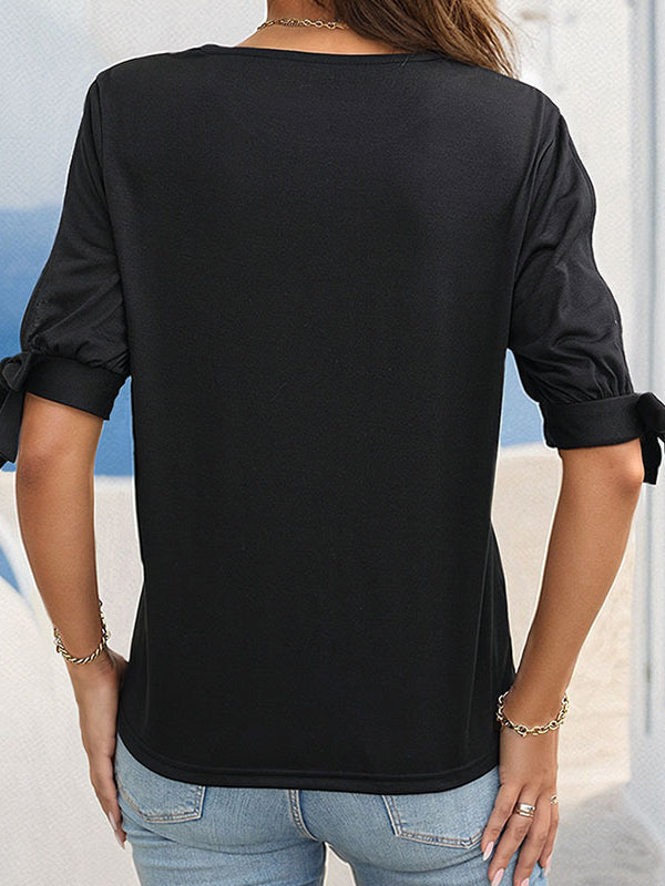 Half Sleeves Loose Hollow Split-Joint Tied Round-Neck T-Shirts Tops