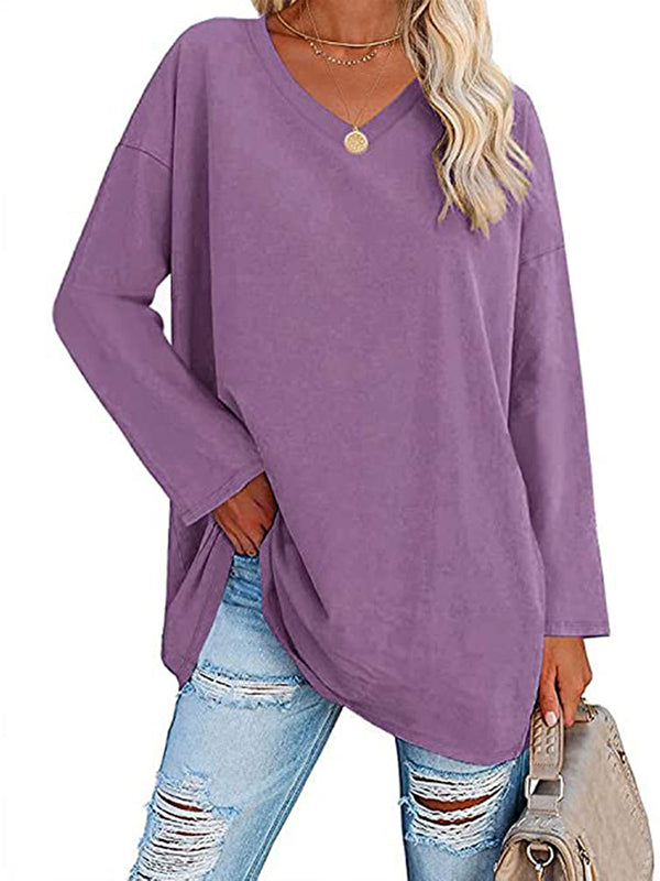 Long Sleeves Loose See-Through Solid Color Split-Joint V-Neck T-Shirts