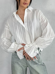 Flared Sleeves Long Sleeves Buttoned Elasticity Jacquard Solid Color Lapel Blouses&Shirts Tops