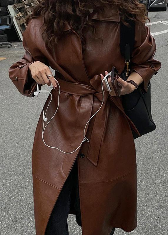 Vintage Brown Belted Leather Trench Coat - Single-Breasted