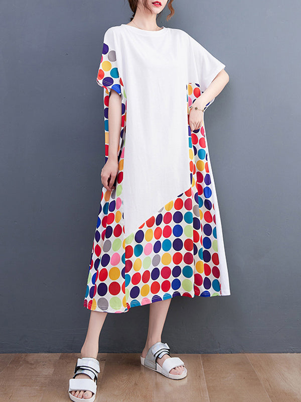 Loose Short Sleeves Multi-Colored Polka-Dot Split-Joint Round-Neck Midi Dresses