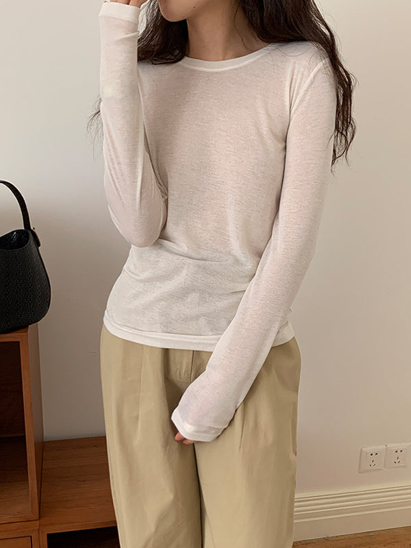 Long Sleeves Skinny See-Through Solid Color Round-Neck T-Shirts