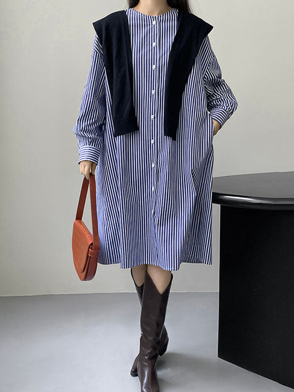 Long Sleeves Loose Striped Round-Neck Midi Dresses Shirt Dress