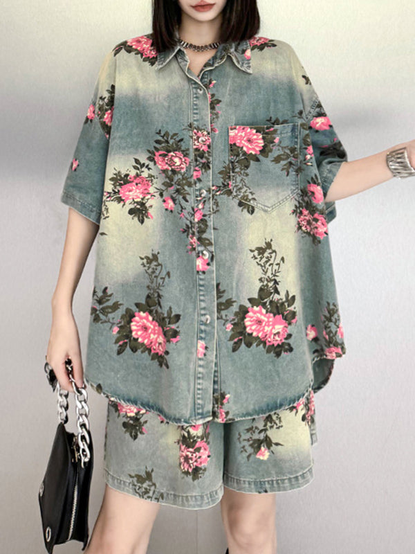 High-Low Loose Floral Printed Split-Joint Lapel Blouses&Shirts Tops