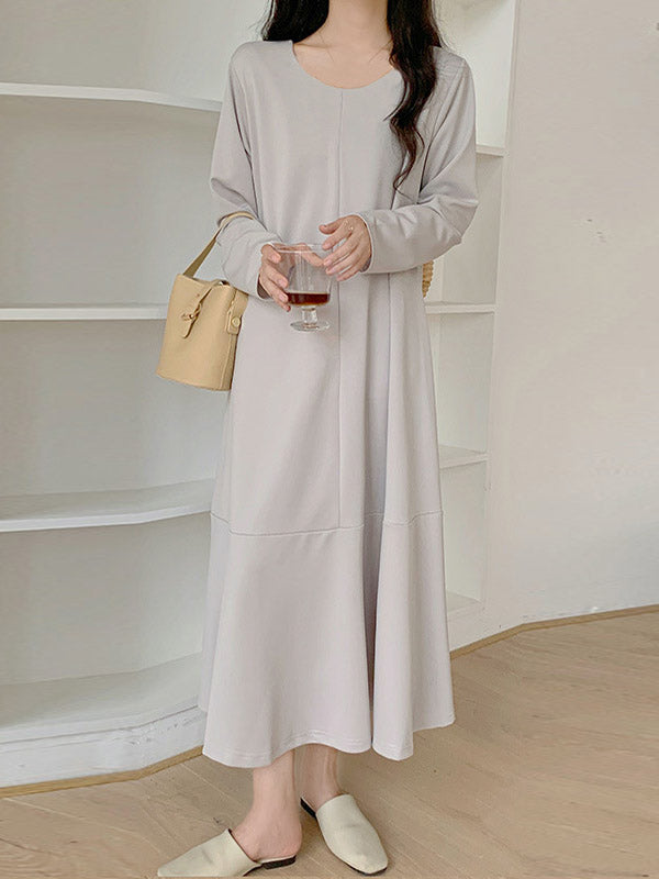 A-Line Long Sleeves Hollow Solid Color V-Neck Midi Dresses