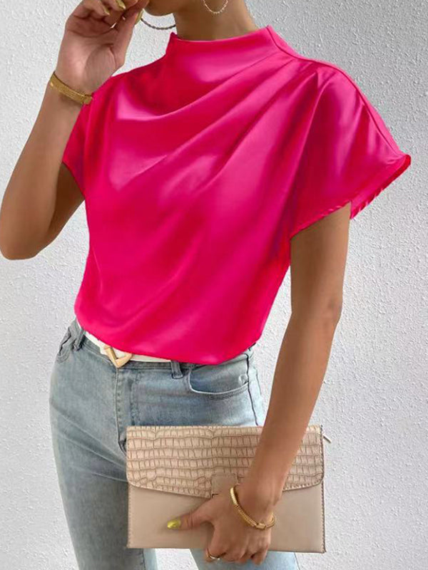 Loose Short Sleeves Pleated Solid Color Mock Neck T-Shirts Tops