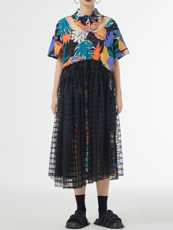 A-Line Loose Buttoned Hollow Mesh Printed Split-Joint Lapel Midi Dresses