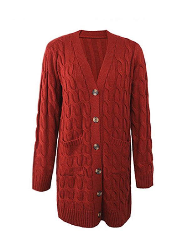 Urban Simple Loose Buttoned Solid Color Jacquard Cardigan Coat