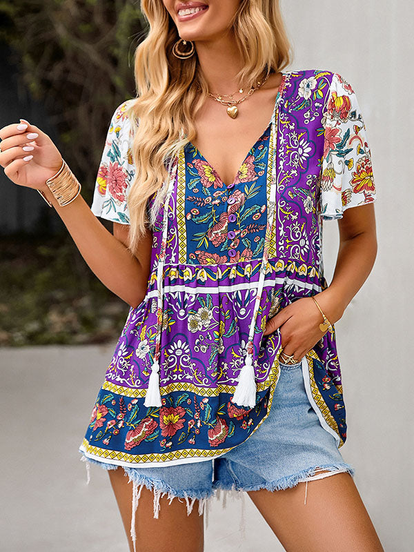 Loose Short Sleeves Buttoned Flower Print Split-Joint Tasseled Tied V-Neck T-Shirts Tops