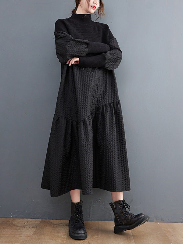 Casual Long Sleeves Loose Split-Joint Jacquard High-Neck Sweater Dresses