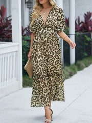 High Waisted Loose Leopard Split-Joint Deep V-Neck Maxi Dresses