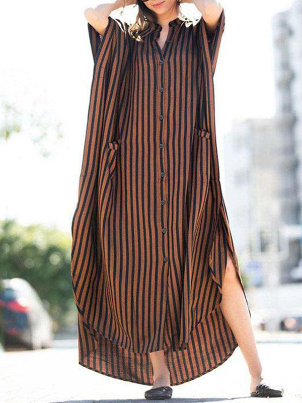 Batwing Sleeves Half Sleeves Buttoned Pockets Striped Round-Neck Beach Cover-Up Maxi Dresses