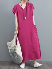 Simple Ramie Cotton Solid Color Split-Side With Pocket V-Neck Short Sleeves Maxi Dress