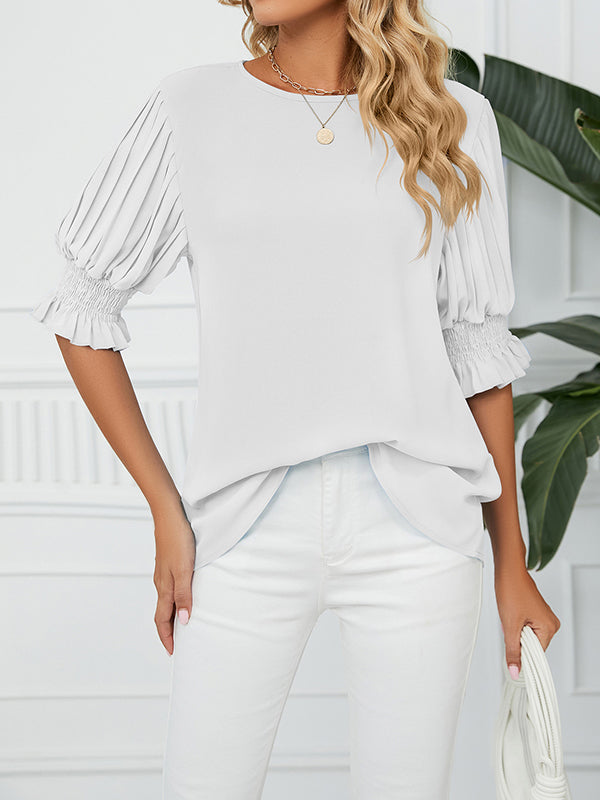 Loose Puff Sleeves Pleated Solid Color Round-Neck T-Shirts Tops