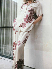 Modern Satin Floral Print Side Pocket Wide Leg Pants