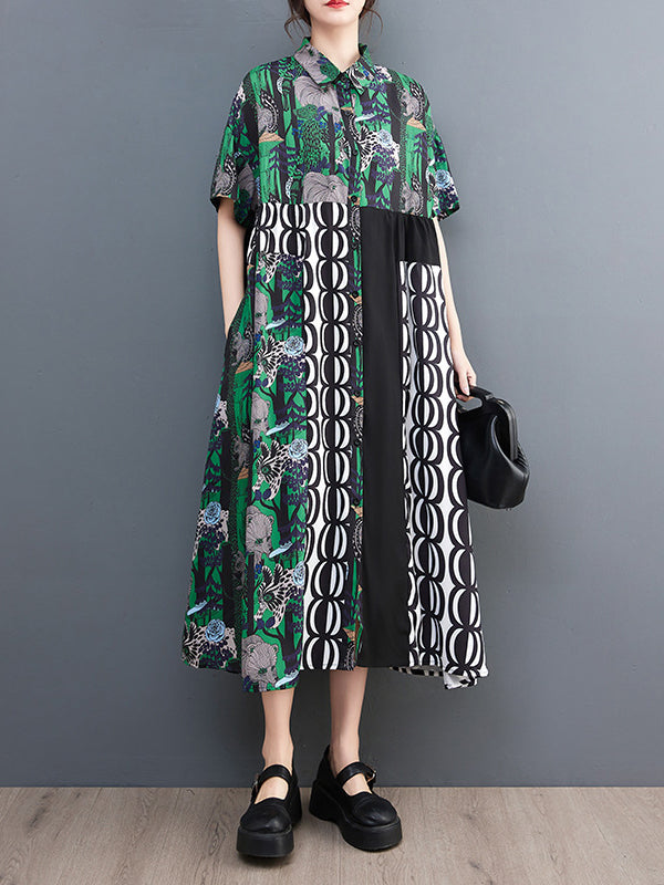 Short Sleeves Loose Printed Split-Joint Lapel Midi Dresses Shirt Dress