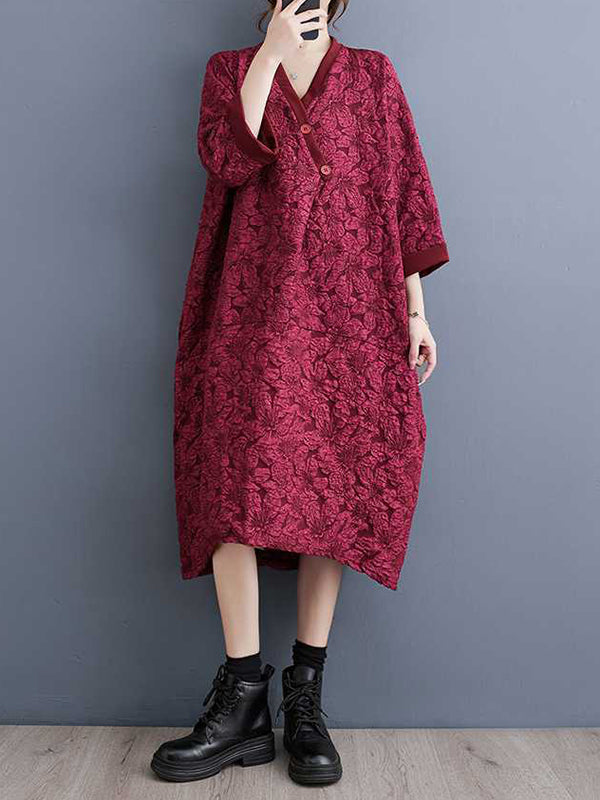 A-Line Half Sleeves Asymmetric Buttoned Jacquard V-Neck Midi Dresses