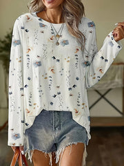 Long Sleeves Loose Flower Print Round-Neck T-Shirts Tops