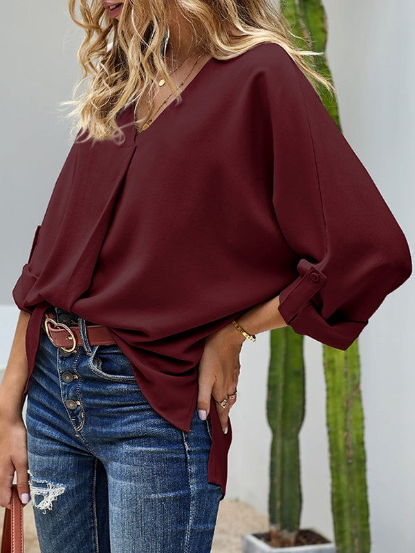 High-Low Loose Buttoned Solid Color V-Neck T-Shirts Tops