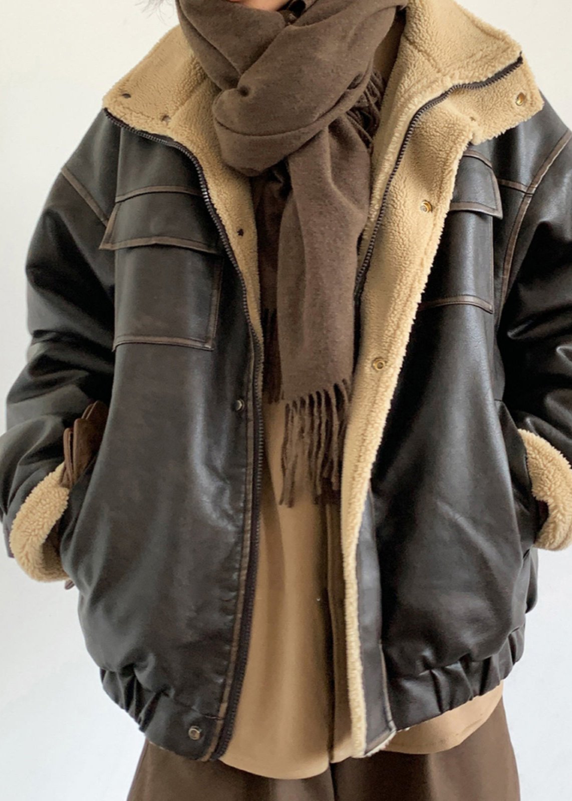 Vintage-Inspired Lamb Fur Lined Leather Jacket – Unisex Style