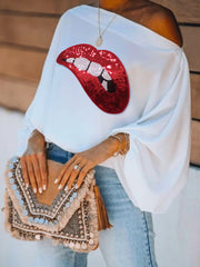 Loose Puff Sleeves Contrast Color Printed One-Shoulder T-Shirts