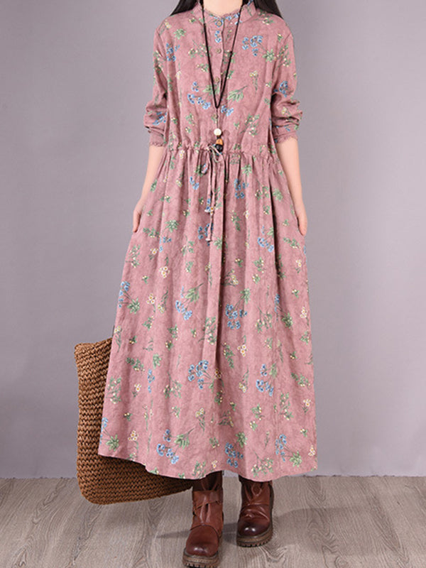 Vintage Floral Printed Ramie Cotton Loose Midi Dress