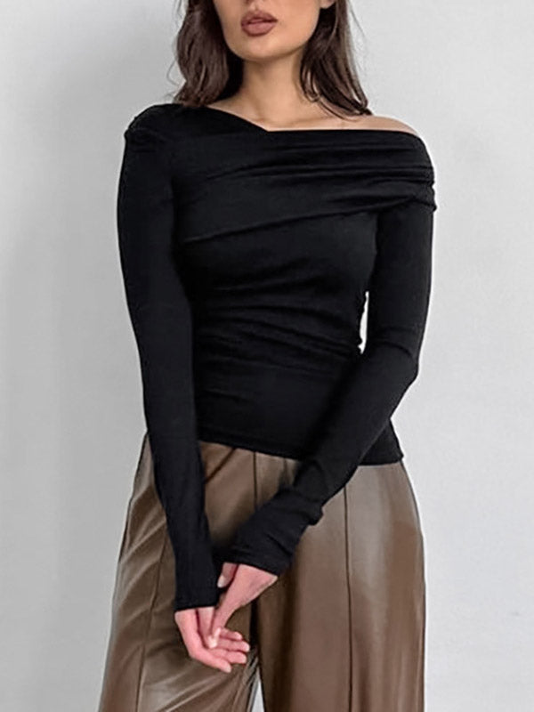 Long Sleeves Skinny Asymmetric Solid Color Asymmetric Collar T-Shirts Tops