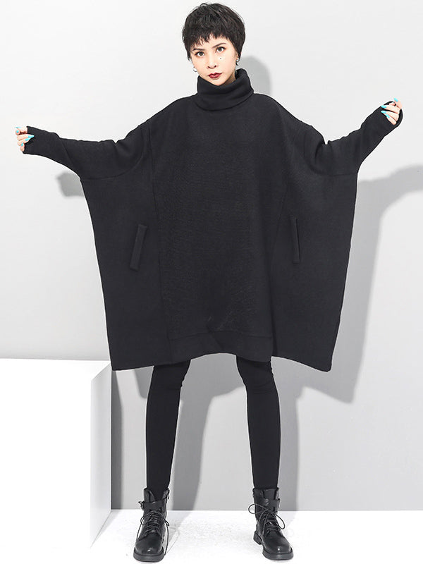 Super Loose Black High-Neck Knitting Batwing Sleeves Sweater Dress