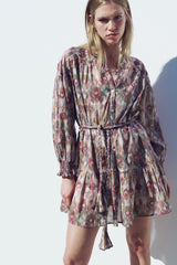 Floral Puff Long Sleeve Buttoned Lace Up Ruffle Hem Mini Dress