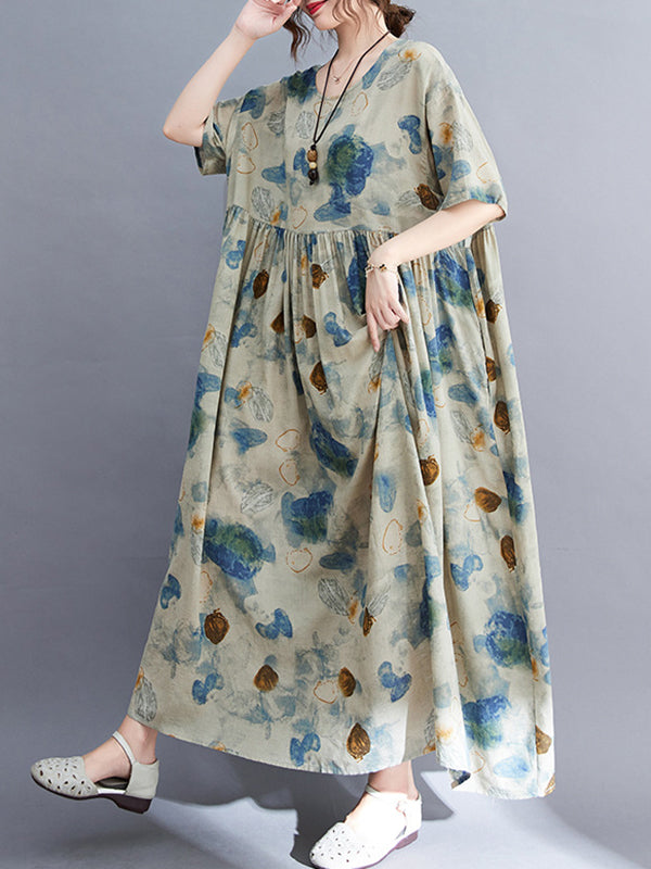 Artistic Retro Loose Floral Printed Pleated Vacation Midi Dress