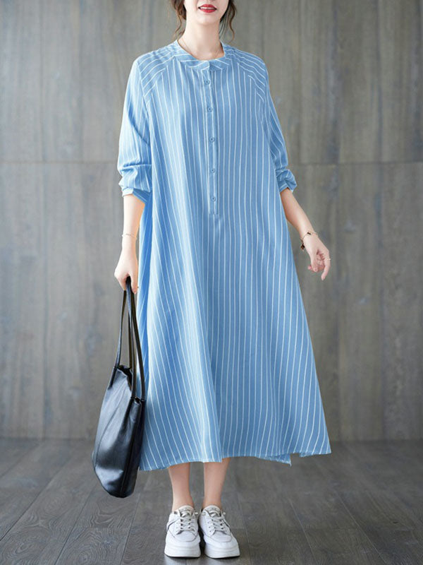 Long Sleeves Loose Buttoned Split-Side Striped Round-Neck Midi Dresses Shirt Dress