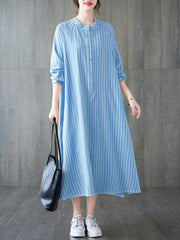 Long Sleeves Loose Buttoned Split-Side Striped Round-Neck Midi Dresses Shirt Dress